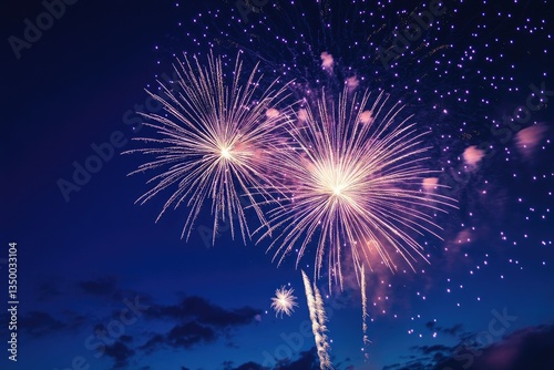 Vibrant fireworks explode in a twilight sky