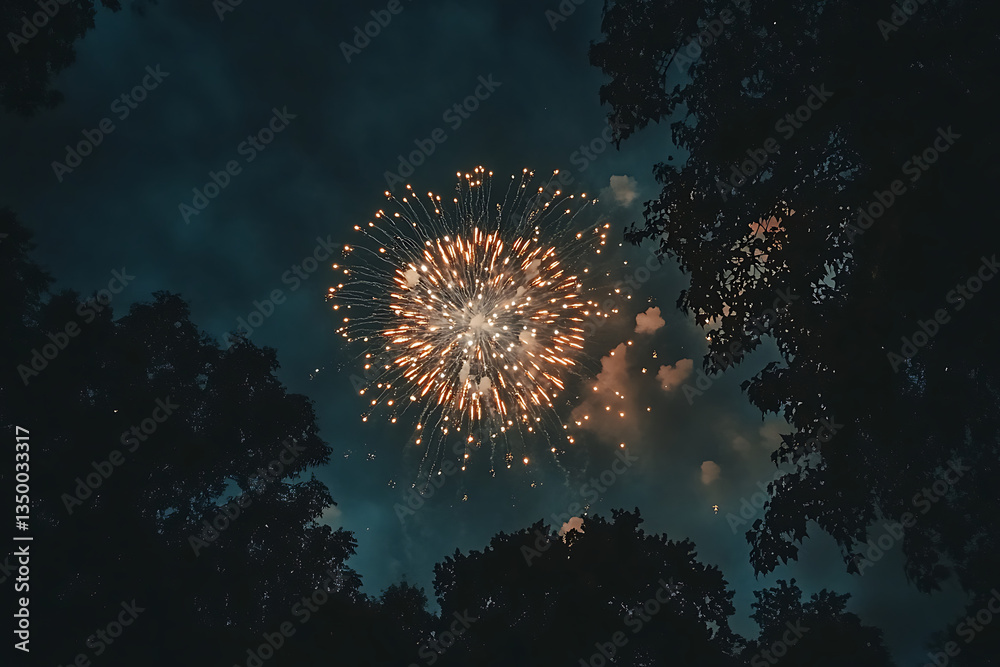 Obraz premium American Flag Waving with Fireworks in the Night Sky