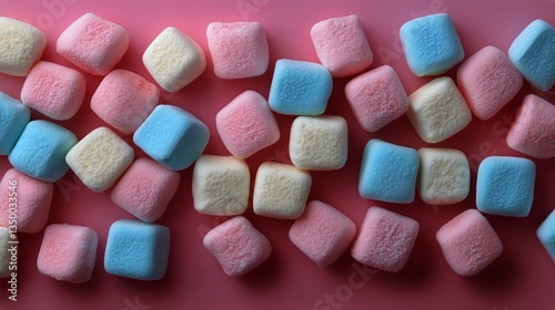 Colorful Marshmallows Scattered on a Pink Background Create a Playful and Swe...