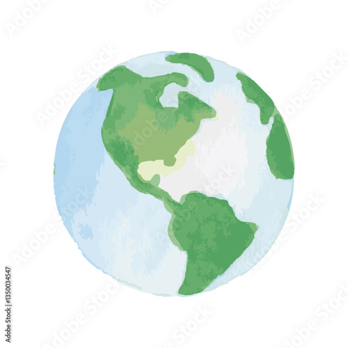 watercolor painted planet earth icon, hand made globe centered in america