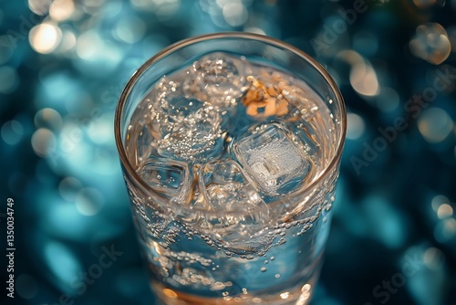 Refreshing Glass of Water With Ice Cubes on a Cool Background in Soft Lighting