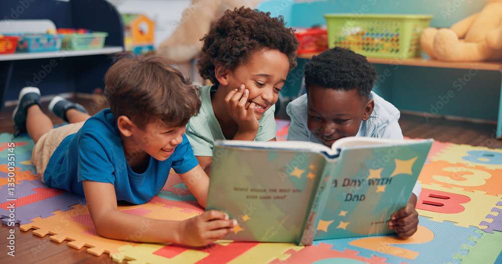 Fototapeta premium Boys, reading and friends on carpet, school and learning with education, relax and bonding together. Group, storytelling and children in classroom, literacy knowledge and happiness with break