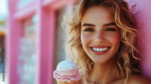 Young Woman Enjoys Ice Cream Cone Outside Colorful Shop on Sunny Day