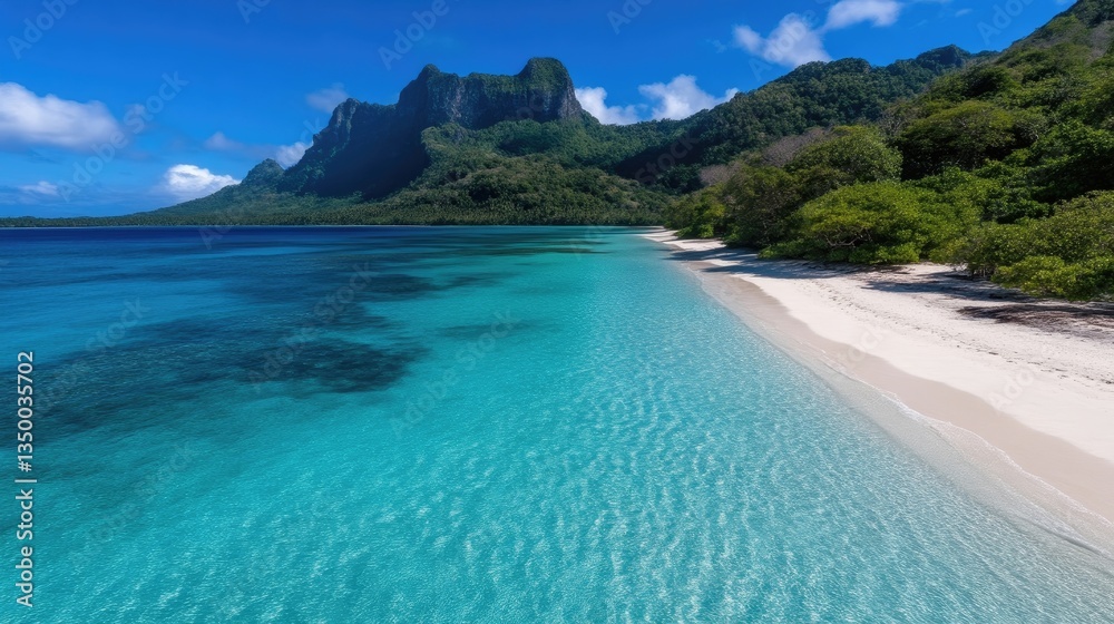 Obraz premium Tropical paradise beach with turquoise water and lush mountains. Tranquil, pristine coastline