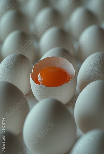 Freshly Cracked Egg Surrounded by Unbroken Eggs on a Light Surface at a Kitch...