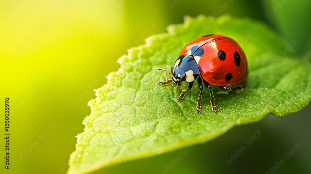 Bright Red Ladybug on Green Leaf in Soft Natural Light Bright Red Ladybug on Green Leaf in Soft Natural Light