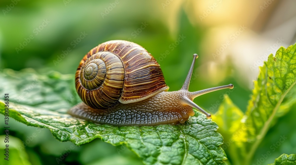 Snail Crawling on Green Leaf in Natural Outdoor Environment Snail Crawling on Green Leaf in Natural Outdoor Environment