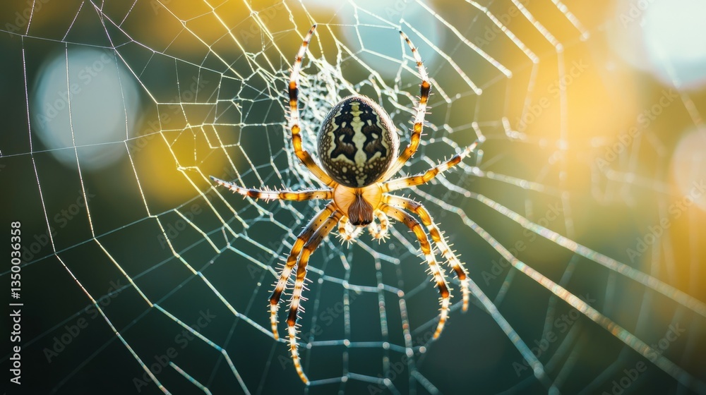 Close-up of Spider on Web with Natural Sunlight Background
