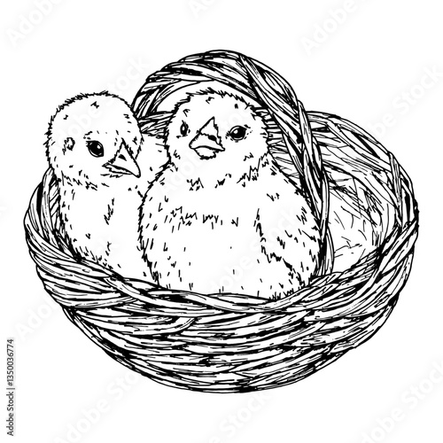 A hand-drawn ink illustration of two fluffy chicks sitting in a rustic woven basket. A perfect Easter-themed design for greeting cards, prints, packaging, textiles, DIY, branding, posters, decor