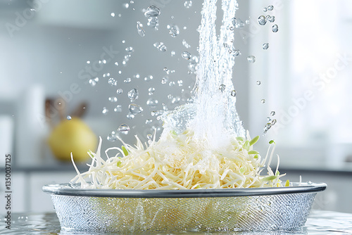 fresh bean sprouts being rinsed in colander under running water, droplets splashing