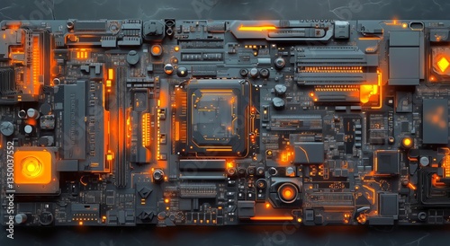Circuit Board With Glowing Elements and Intricate Connections Illuminated in ...