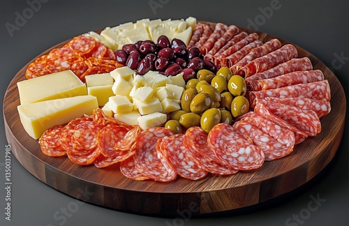 Cheese and Charcuterie Platter With Olives and Herbs on Wooden Board