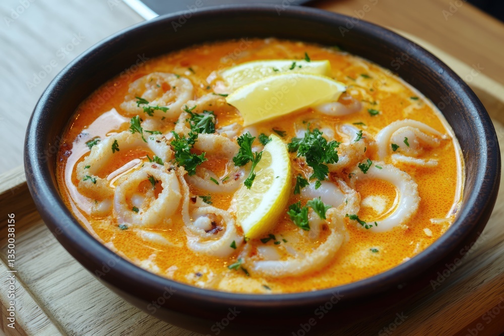 Savory Crispy Calamari Rings Served on Rustic Wooden Tray with Fresh Lemon Wedge - A Delectable Italian Seafood Snack Savory Crispy Calamari Rings Served on Rustic Wooden Tray with Fresh Lemon Wedge - A Delectable Italian Seafood Snack