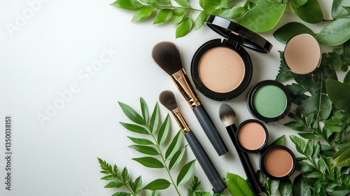 Natural Beauty Products Arranged With Green Leaves on a Light Background