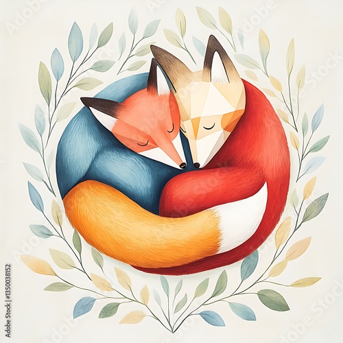 Foxes cuddling for nature wreath, gentle illustration.