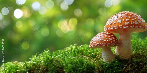 Mushrooms Growing in Forest Under Soft Sunlight With Lush Greenery in Autumn