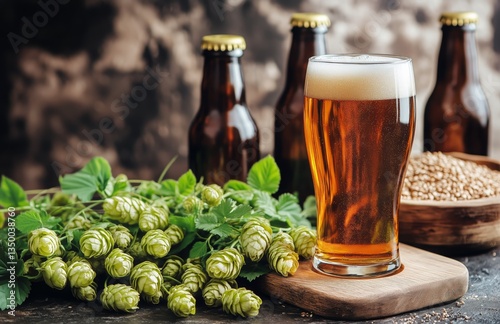 Craft Beer Served in a Glass With Fresh Hops and Bottles in a Rustic Brewery ...