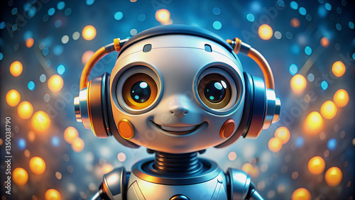 Cute Futuristic Robot with Shiny Metallic Body and High-Tech Headphones Enjoying Music