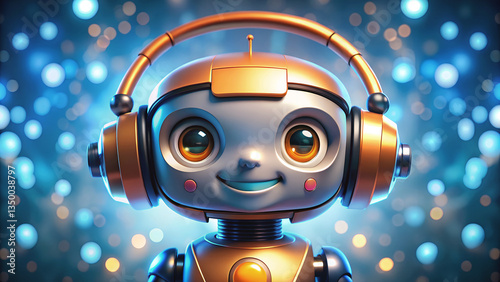Cute Futuristic Robot with Shiny Metallic Body and High-Tech Headphones Enjoying Music
