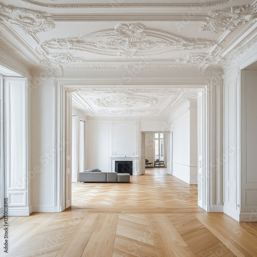 Spacious interior featuring white walls, oak parquet flooring, and elegant gypsum stucco detailing on walls and ceiling.