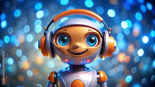 Cute Futuristic Robot with Shiny Metallic Body and High-Tech Headphones Enjoying Music