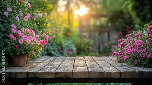 Wooden Pathway Surrounded by Vibrant Yellow Flowers in a Lush Green Garden