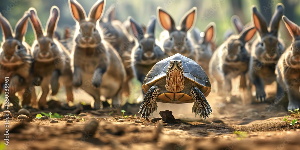 Fototapeta premium Turtle Racing Against Rabbits – Surreal Animal Competition in a Dramatic Action Scene with Motion Blur and Intense Atmosphere