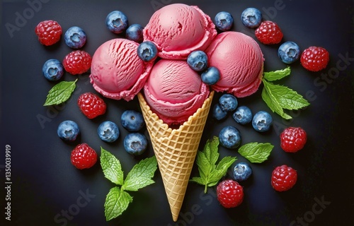 Three Scoops of Raspberry Sorbet in a Waffle Cone Surrounded by Fresh Berries...