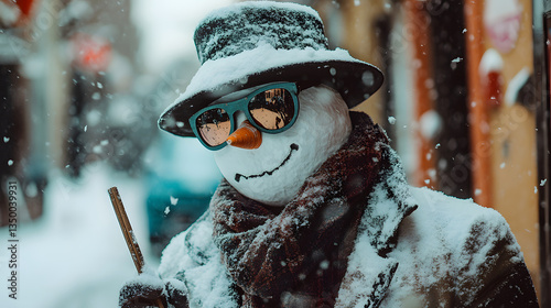 Cool snowman with sunglasses and a hat in the snow. Festive winter scene. Concept for winter holidays, Christmas, snow, fun, and seasonal decorations