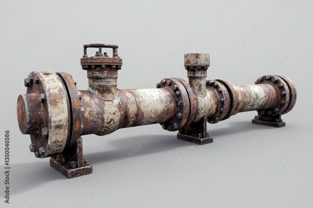 A weathered and rusted industrial pipe assembly on a surface A weathered and rusted industrial pipe assembly on a surface