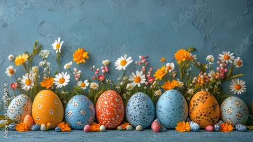 Colorful Decorated Eggs Surrounded by Flowers for Spring Celebration