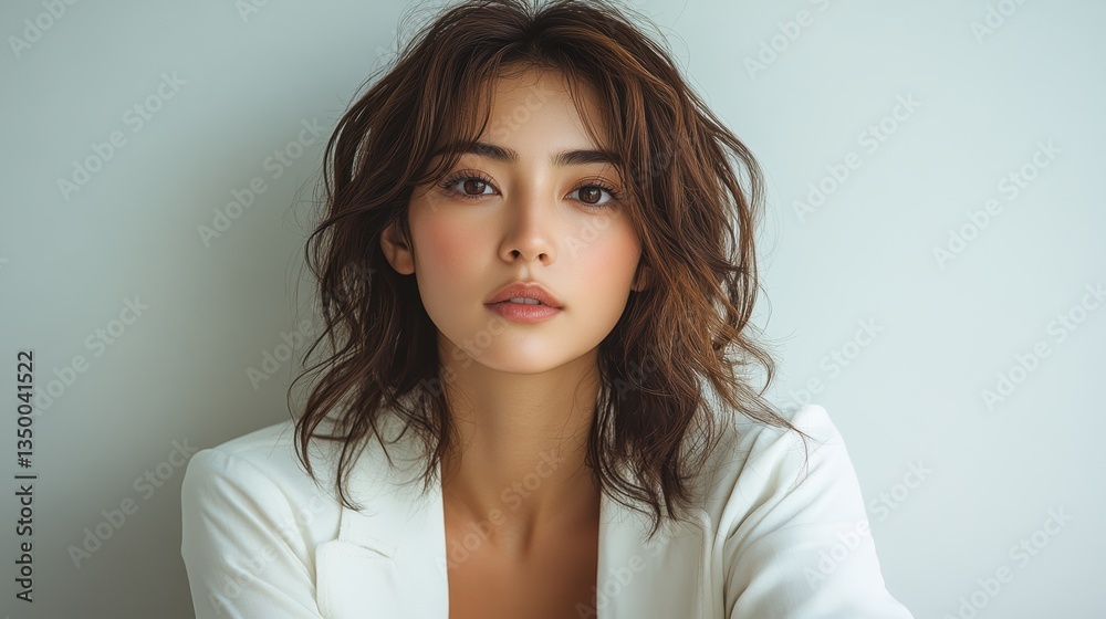 Portrait of a young woman with tousled hair, wearing a white blazer, against a soft background Portrait of a young woman with tousled hair, wearing a white blazer, against a soft background