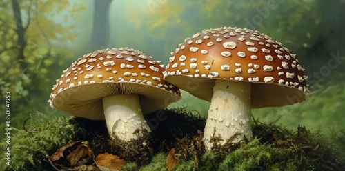 Mushrooms Growing in Forest Under Soft Sunlight With Lush Greenery in Autumn