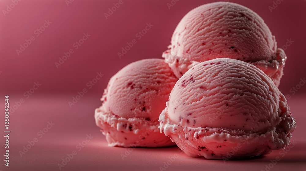 Three Scoops of Strawberry Ice Cream Arranged on a Pink Background With Soft Lighting Effects Three Scoops of Strawberry Ice Cream Arranged on a Pink Background With Soft Lighting Effects