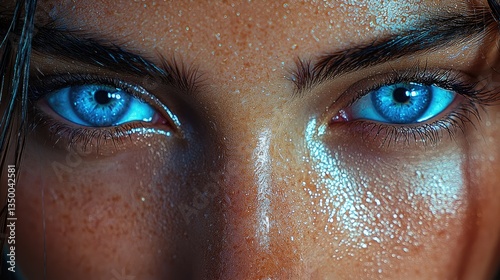A close-up of a woman's eyes, shimmering with moisture and reflecting a captivating blue hue.
