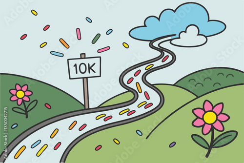 depiction of a journey, featuring a winding road, numbered signposts, and playful elements symbolizing milestones and goals