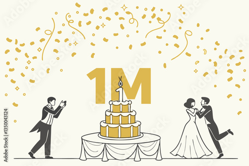 An elegant celebration featuring a golden confetti shower with a large 1 million cake, symbolizing success and achievement