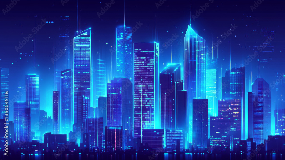 Abstract tech city skyline background. Vector realistic illustration of blue cityscape, modern building silhouettes and skyscrapers, futuristic communication technology, virtual reality, business Abstract tech city skyline background. Vector realistic illustration of blue cityscape, modern building silhouettes and skyscrapers, futuristic communication technology, virtual reality, business