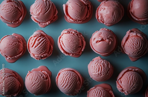 Colorful Pink Ice Cream Scoops Arranged on a Light Blue Surface in an Invitin...