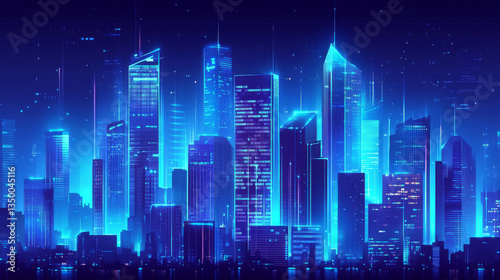 Abstract tech city skyline background. Vector realistic illustration of blue cityscape, modern building silhouettes and skyscrapers, futuristic communication technology, virtual reality, business