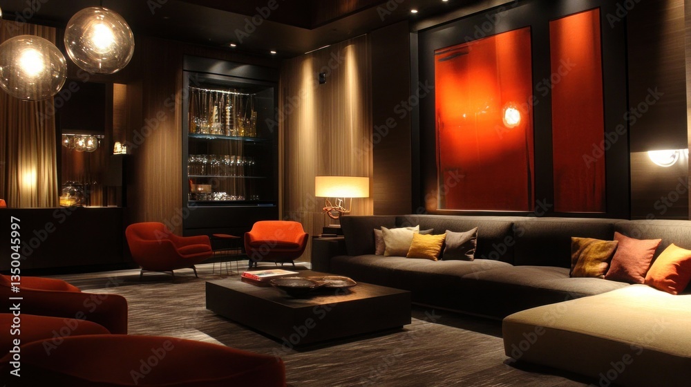 Luxurious modern living room with warm lighting and accent colors Luxurious modern living room with warm lighting and accent colors