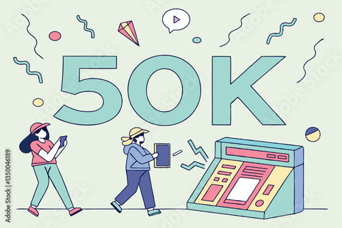 Vibrant and futuristic digital celebration with 50K floating above colorful balloons and confetti, celebrating views and subscribers