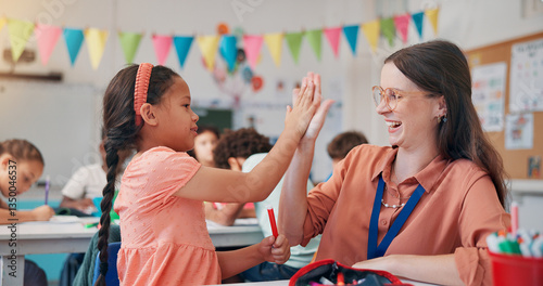 Billede på lærred Education, girl and teacher in classroom, high five and support with child development