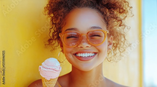 Happy Girl Enjoying Ice Cream Cone on a Sunny Day With a Bright Yellow Backgr...