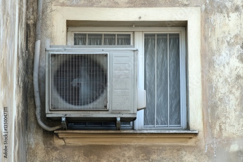 Vintage Air Cooling Unit Mounted on Residential Window, Grey Equipment Enhancing Indoor Comfort photo