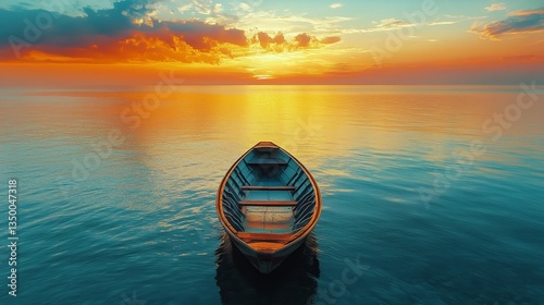 Sunset Reflections Over Calm Waters With a Lone Boat in the Background