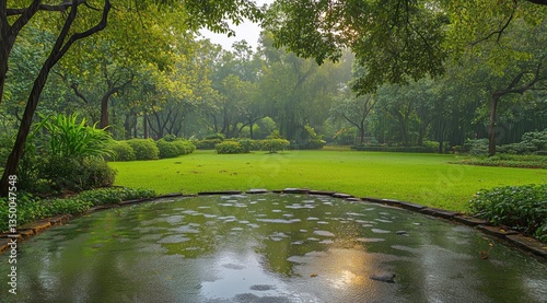 Lush Garden Drenched in Gentle Rain Creating Serene Reflections on Still Water