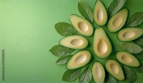 Fresh Avocados Arranged Artistically on a Green Background for Healthy Food P...