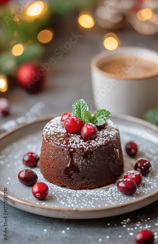 Delicious Chocolate Dessert Topped With Berries and Mint in Cozy Setting Duri...