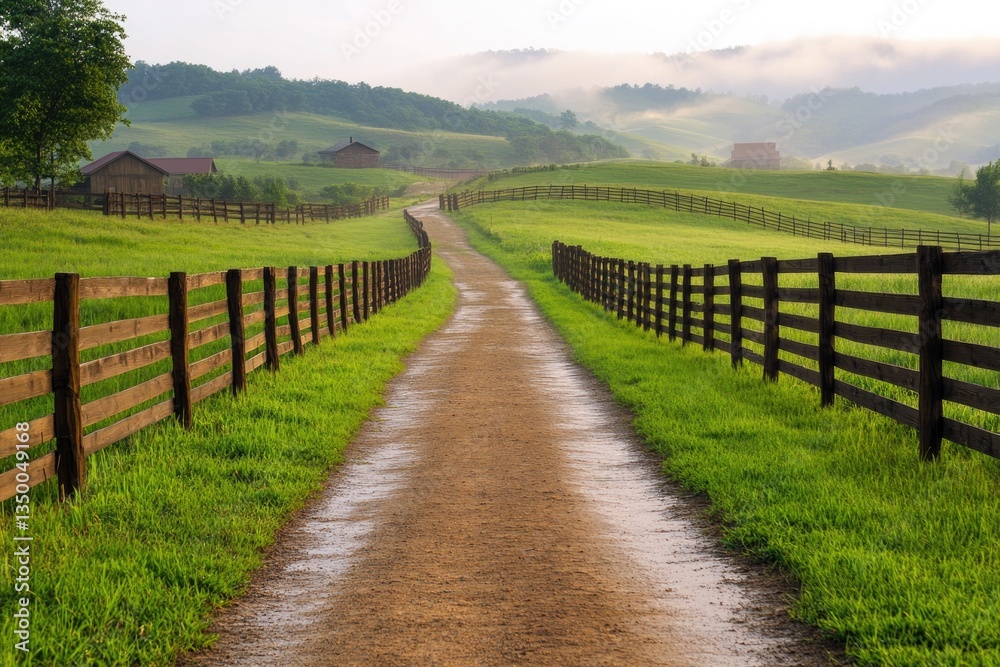 Winding dirt path leads through lush green fields, framed by rus Winding dirt path leads through lush green fields, framed by rus